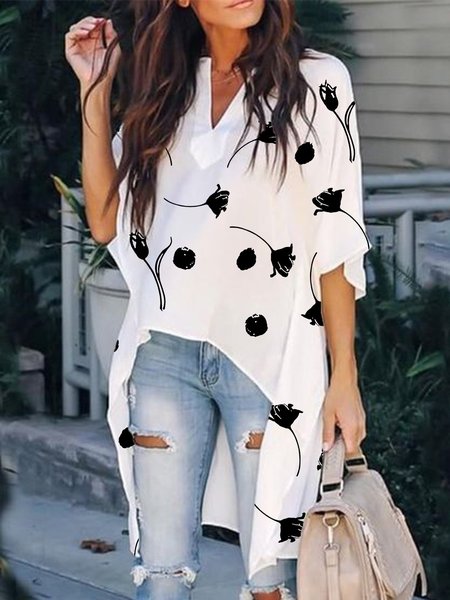 

Shift Floral Half Sleeve V Neck Daily Top, White, Blouses and Shirts