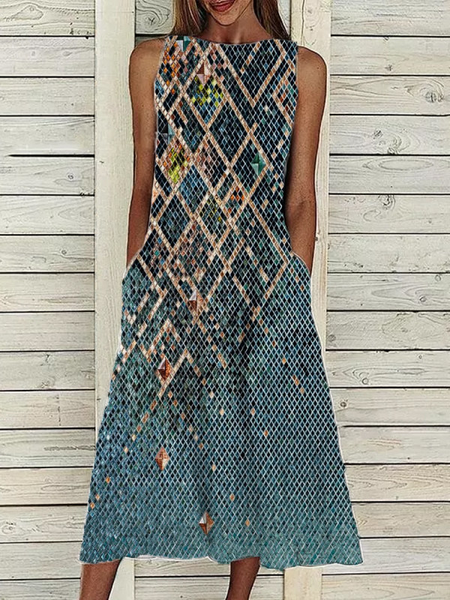 

Vacanza senza maniche Girocollo Stampato Abito, Blu, Dresses