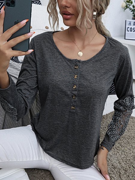 

Solid Crew Neck Long Sleeve Shirts & Tops, Deep gray, Shirts & Blouses
