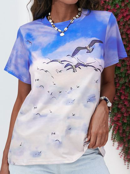 

Short Sleeve Casual Animal T-shirt, White-blue, T-Shirts