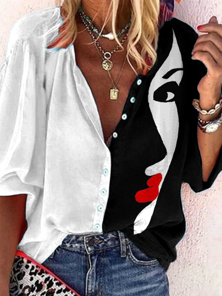 

Stand Collar Long Sleeve Abstract Cotton-Blend Shirts & Tops, Black-white, Shirts & Blouses