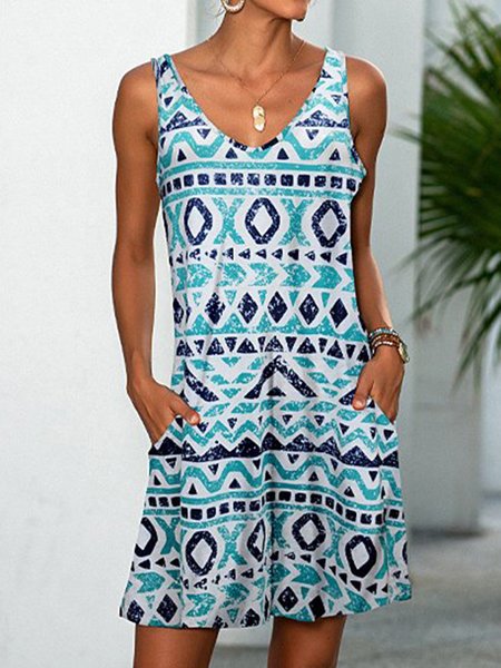 

V Neck Sleeveless Vintage Cotton-Blend Dresses, Blue, Boho dresses