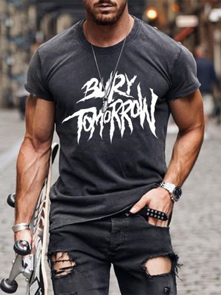 

Casual Cotton-Blend Letter T-Shirts & Tops, Deep gray, Men's t-shirts