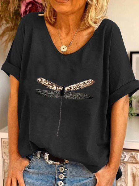

Casuale Maniche Corte Stampato Top, Nero, T-Shirts
