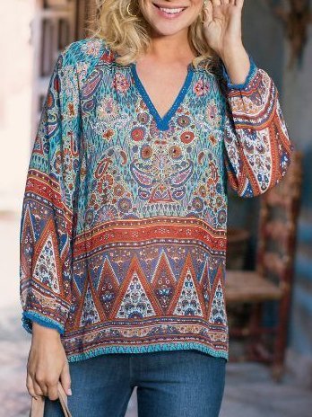 

Leisure holiday style Geometric print Long Sleeve Shirts & Tops, As picture, Tunics
