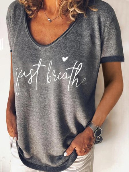 

Shift V Neck Casual Letter Shirts & Tops, Gray, T-Shirts