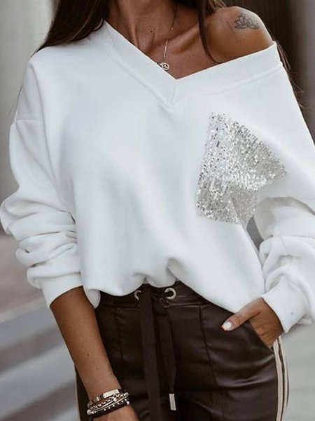 

Maniche Lunghe Casuale Scollo a V Felpa, Bianco, Hoodies & Sweatshirts