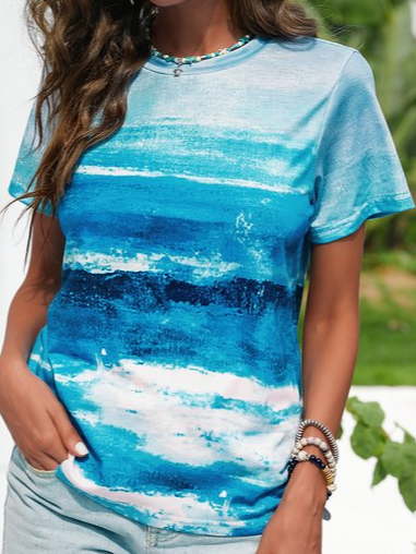 

Crew Neck Stripes Casual T-shirt, Blue, T-Shirts