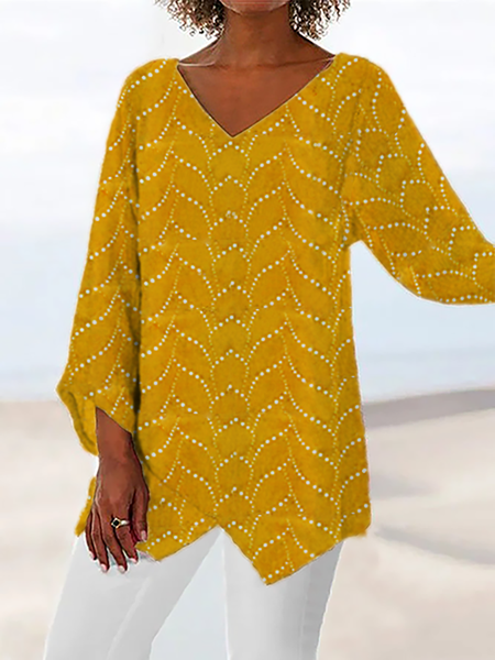 Plus size Long Sleeve V Neck Casual Tops, Yellow, Blouses & Shirts