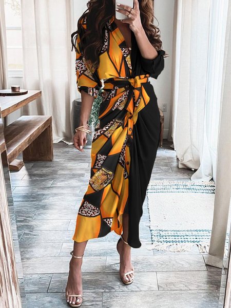 

Shirt Collar Long Sleeve Color-Block Vintage Dress, As picture, Midi Dresses