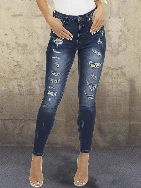 

Casual daily women's ripped jeans, Deep blue, Pants