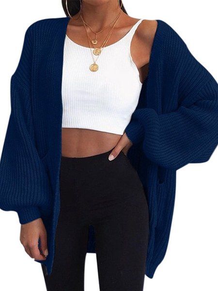 

Long Sleeve Solid Cotton-Blend Casual Outerwear, Deep blue, Outerwear