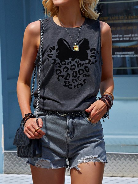 

Leopard Casual Cotton-Blend Crew Neck Vests, Gray, Tank Tops