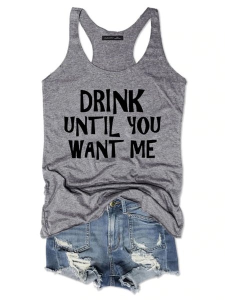 

Drink Until You Want Me Women‘s Casual Cotton-Blend Shift Sleeveless Shirts & Tops, Gray, Tank Tops