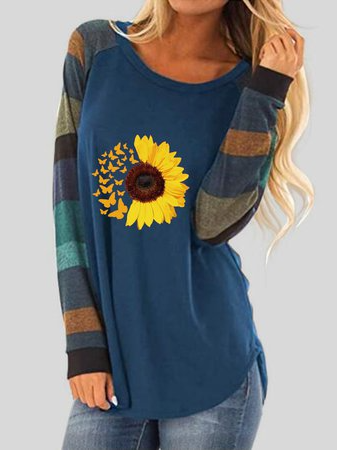 

Casual Floral Long Sleeve Cotton-Blend Shirts & Tops, Blue, Tees & T-shirts