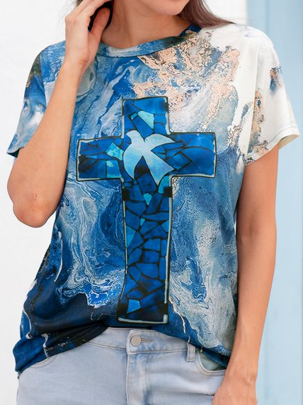 

Cotton-Blend Casual Ombre/tie-Dye Short Sleeve Shirts & Tops, Blue, T-Shirts