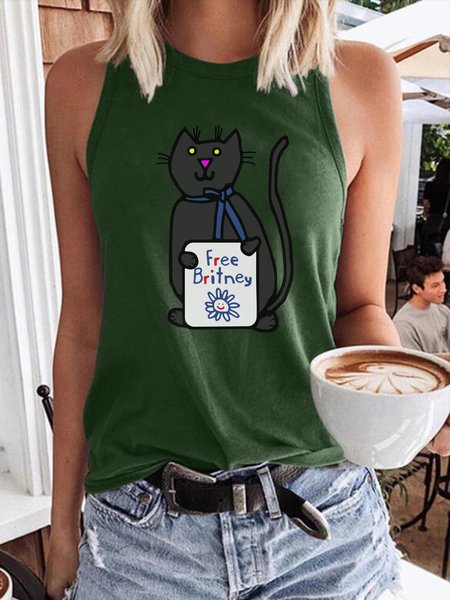 

Free Britney Cat Sleeveless Cotton-Blend Vests, Dark green, Tank Tops