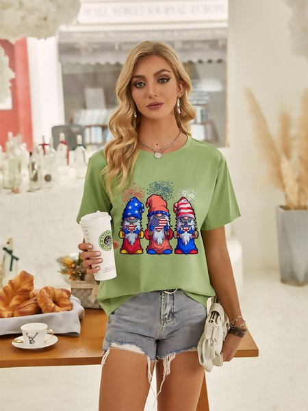 

American Flag Gnomes Graphic Short Sleeve Loose Tee, Olive green, T-shirts