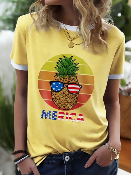 

Pineapple Merica Graphic Short Sleeve Loose Ringer Tee, Yellow, T-shirts