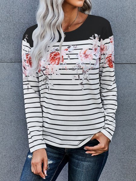 

Long Sleeve Stripes Floral-Print Casual Shirts & Tops, Stripe, Long sleeve tops
