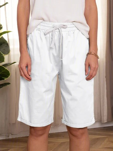 

JFN Elastic Waist Solid Causal Pockets Shorts, White, Shorts
