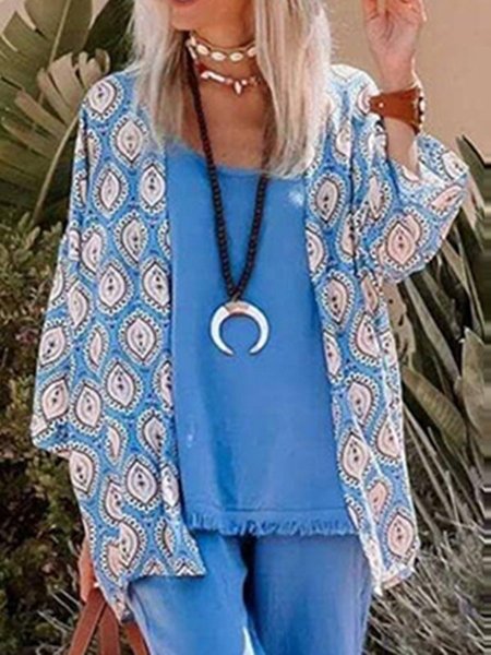 

Geometric Tribal Printed Cotton-Blend Casual Outerwear, Blue, Cardigans