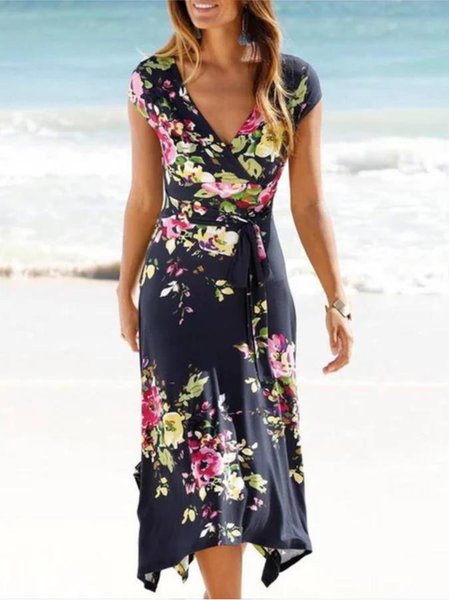 

Asymmetrical V Neck Short Sleeve Long Dresses, Purplish blue, Floral Dresses