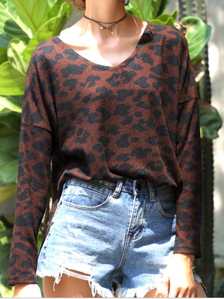 

Cotton-Blend Casual Long Sleeve Leopard Tops, Coffee, Tops
