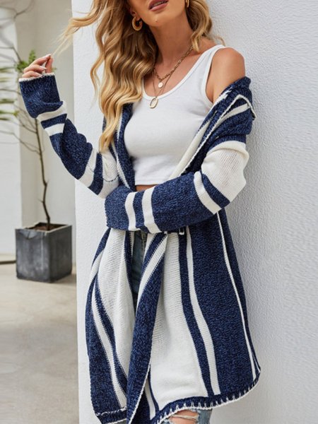 

Cappotto Maniche Lunghe Dritto Vintage Maglione Acrilico, Bianco-blu, Cardigans
