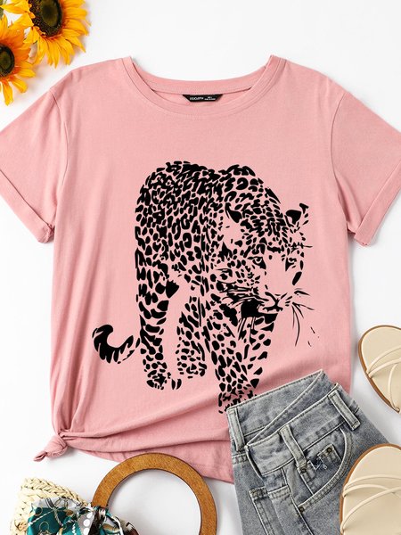 

Leopard Casual Short Sleeve Shirts & Tops, Pink, T-shirts