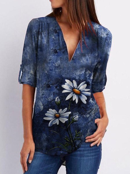 

Casual Floral Cotton-Blend Shift Shirts & Tops, Blue, Long sleeve tops