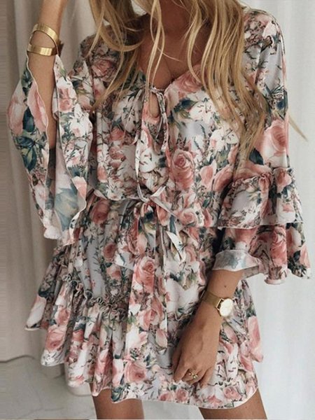 

3/4 Sleeve Floral-Print Dresses, Light pink, Floral Dresses