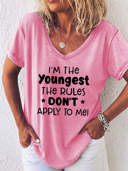 

Short Sleeve V-Neck Cotton-Blend Casual T-shirt, Pink, T-shirts