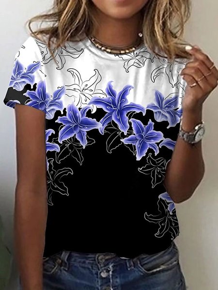 

Crew Neck Floral Casual Short Sleeve Shirts & Tops, Black, T-Shirts