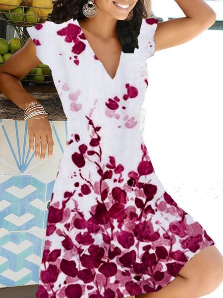 

Floreale Maniche Corte Stampato Misto Cotone Scollo a V Vintage Estate Blu Abito, Red, Dresses