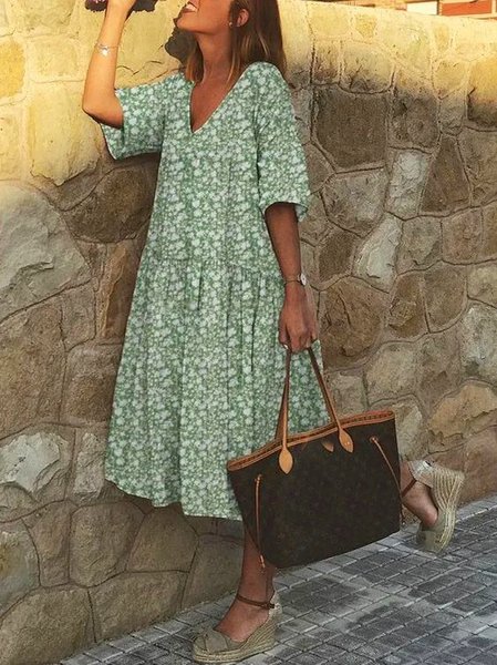 

Scollo a V Mezza Manica Floreale Abito Cotone, Verde, Midi Dresses