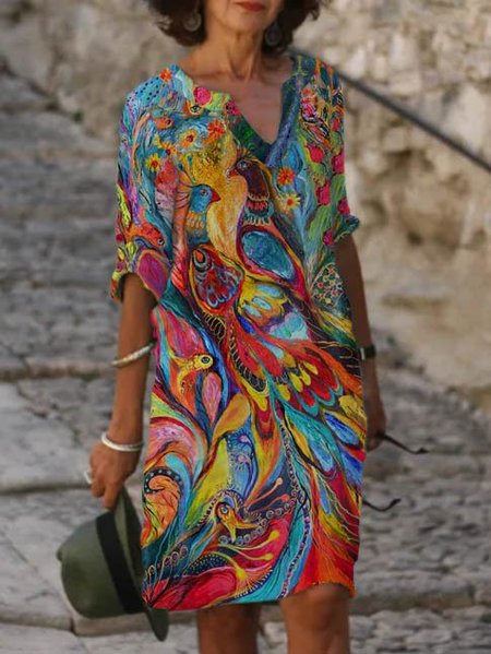 

Animal Half Sleeve V Neck Weaving Dress, Multicolor, Mini Dresses