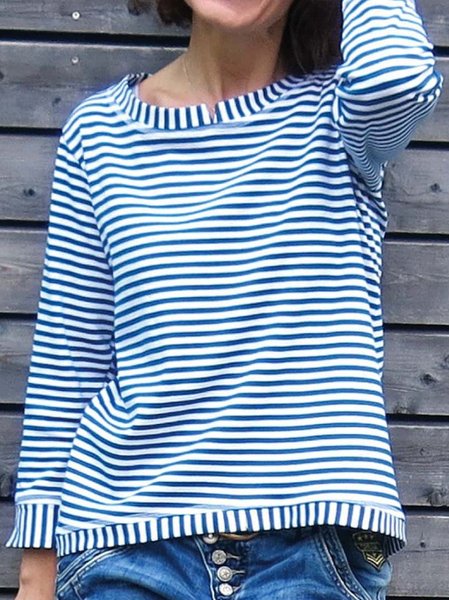 

Stripes Shift Casual Crew Neck Long Sleeve Sweatshirt, Blue, Long sleeve tops