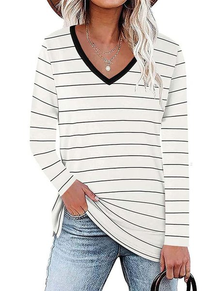

Vintage Stripes V Neck Long Sleeve Shirts & Tops, White, Long sleeve tops