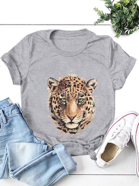 

Leopard Crew Neck Short Sleeve Shirts & Tops, Light gray, T-shirts