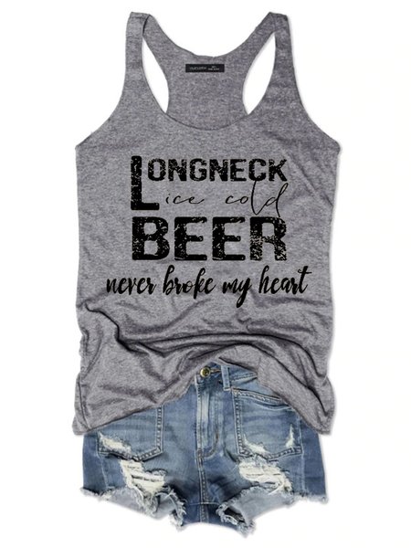 

Long Neck Ice Cold Beer Never Broke My Heart Women’s Short Sleeve Crew Neck Cotton-Blend Casual Shirts & Tops, Gray, Tank Tops