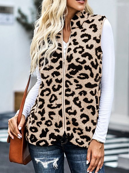 

Casual Leopard Sleeveless Vest, Apricot, Coats & Jackets
