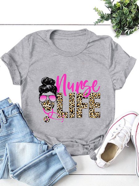

Nurse Life Leopard Casual Crew Neck Cotton-Blend Shirts & Tops, Light gray, T-shirts