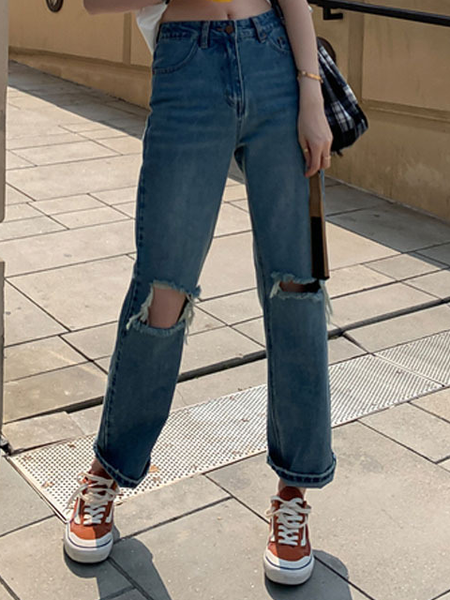 

Plain Denim Pants, Blue, Pants