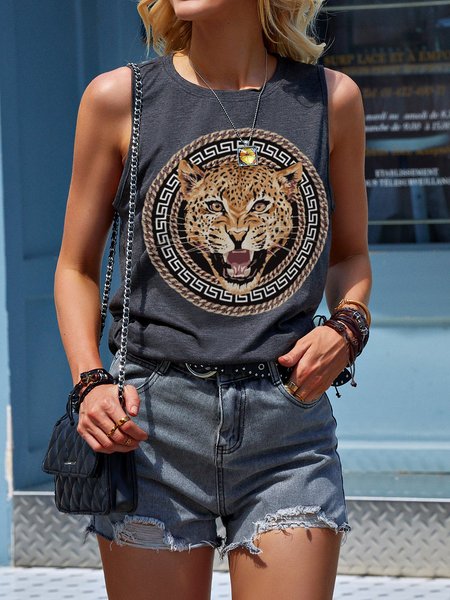 

Leopard Casual Cotton-Blend Crew Neck Vests, Deep gray, Tank Tops
