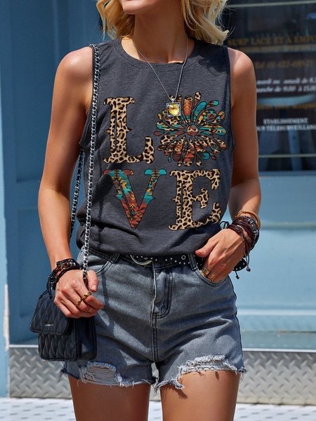 

Love And Leopard Cotton-Blend Sleeveless Crew Neck Vests, Deep gray, Tank Tops