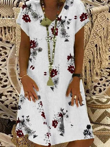 

V Neck Short Sleeve Floral Casual Dresses, White, Dresses