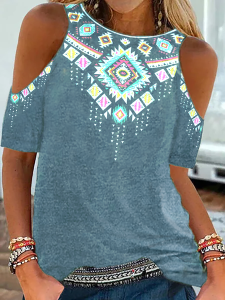 

Plus size Short Sleeve Geometric Hippie Shirts & Tops, Blue, Tops