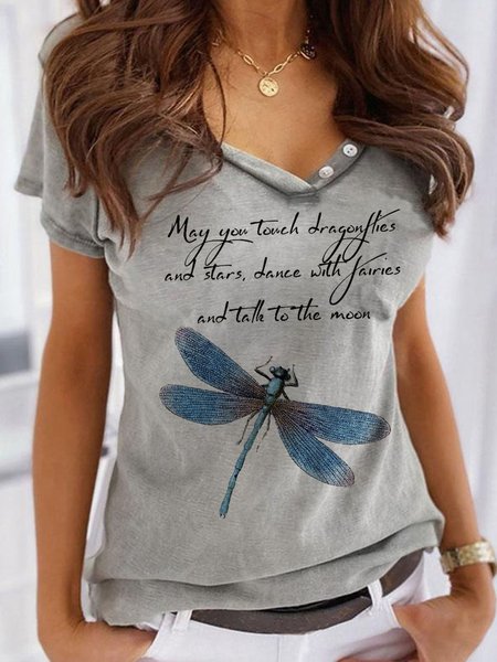 

Printed Cotton-Blend Short Sleeve Letter T-shirt, Gray, Tops