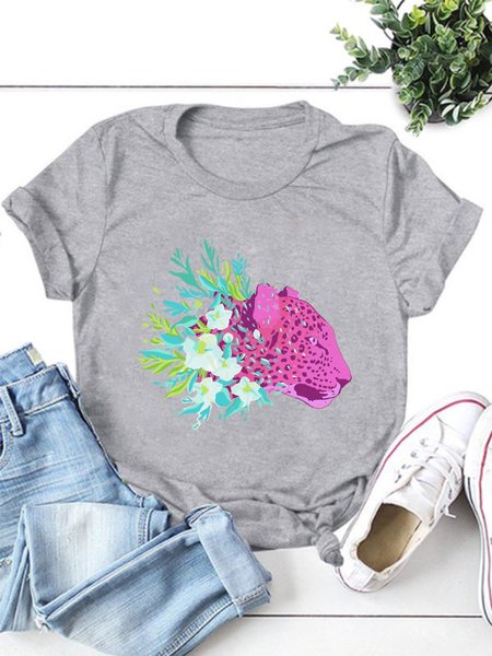 

Leopard Flowers Short Sleeve Casual Cotton-Blend Shirts & Tops, Light gray, T-shirts